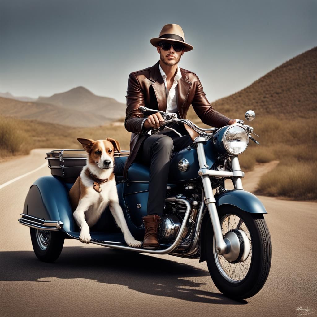 Man and Dog Motorcycle Ride, Hyperrealistic Style