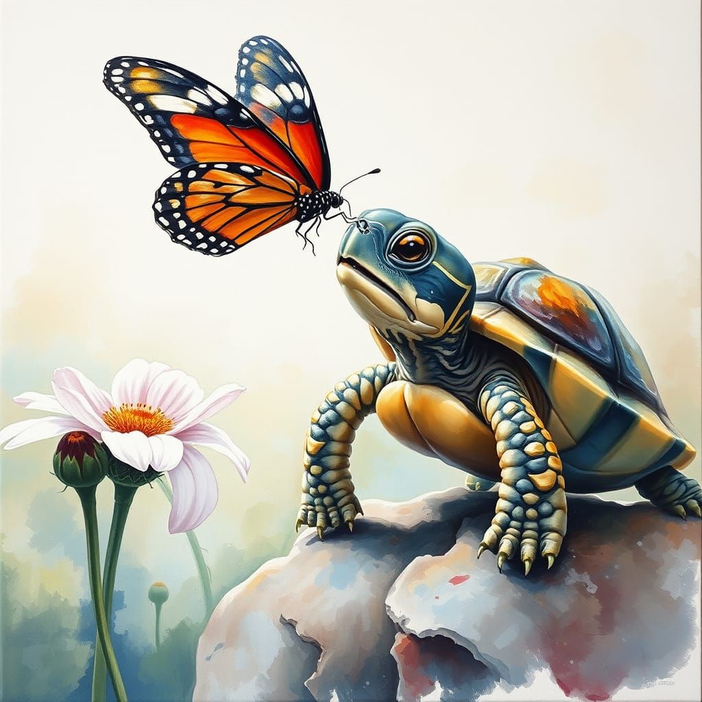 Turtle Gazing Up at a Butterfly in a Vibrant Impressionist M...