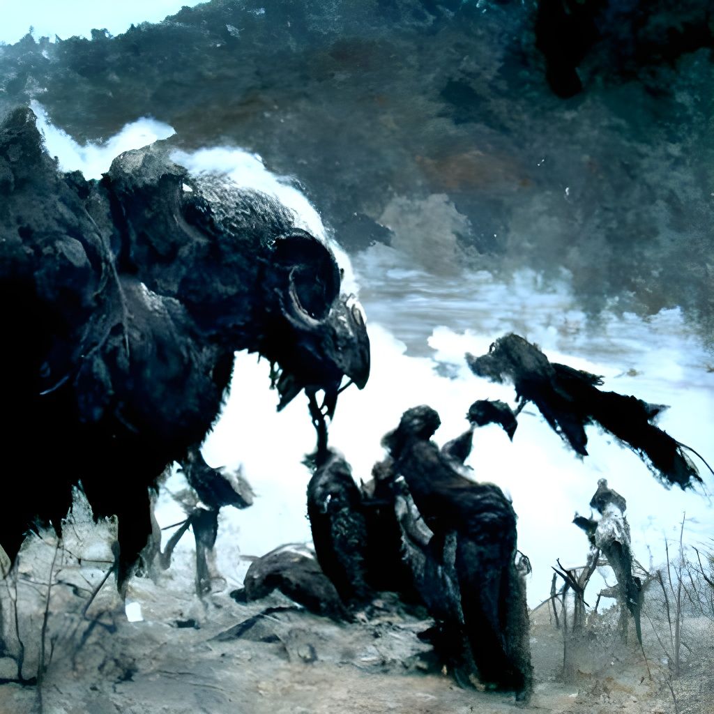 Vultures Feast on Buffalo Remains: Dark Engraving