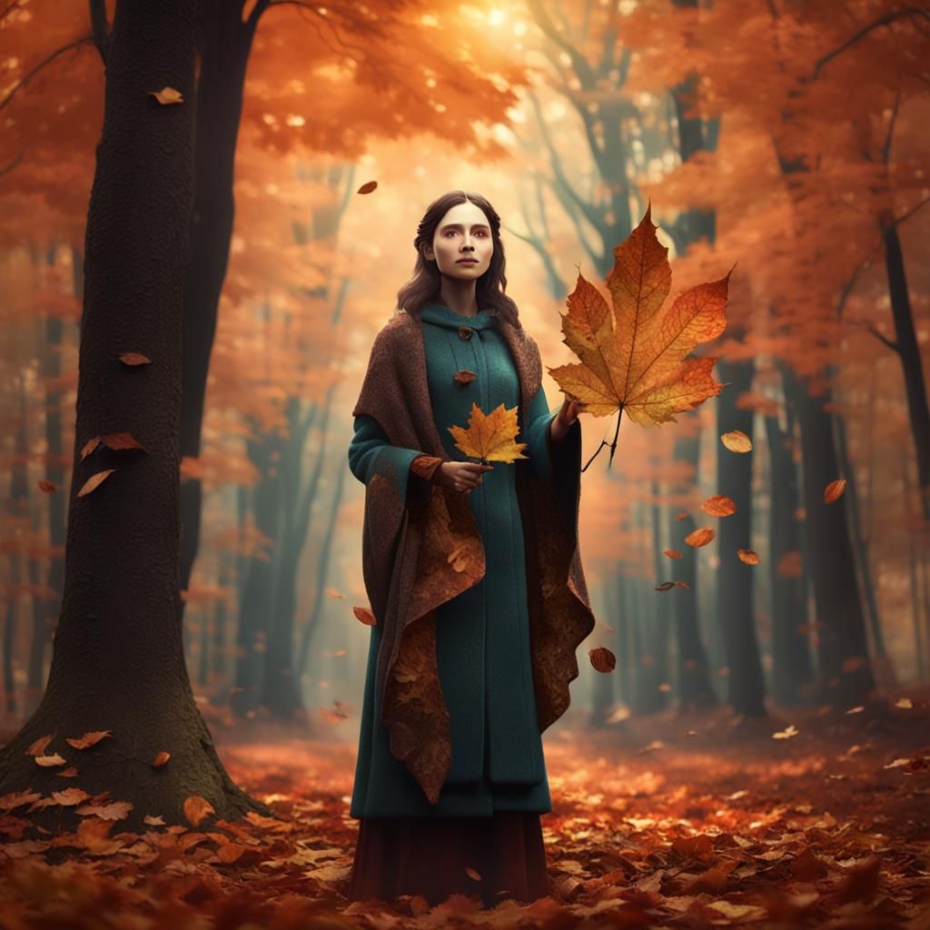 Woman Holding Leaf in Autumn Forest Art Photography