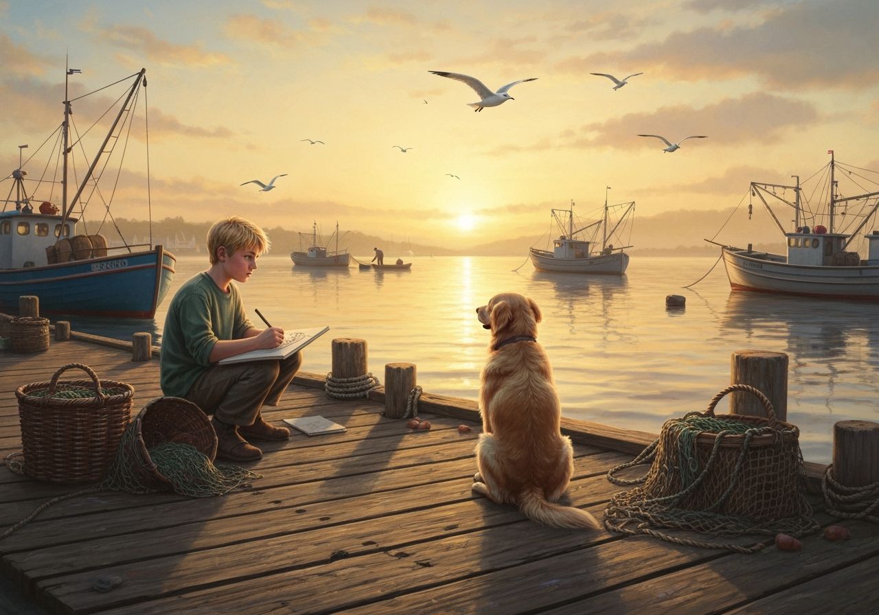 Boy Sketching Boats with Dog at Sunrise Harbor