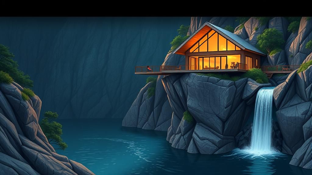 Architectural Cliffside House in Comic Book Style