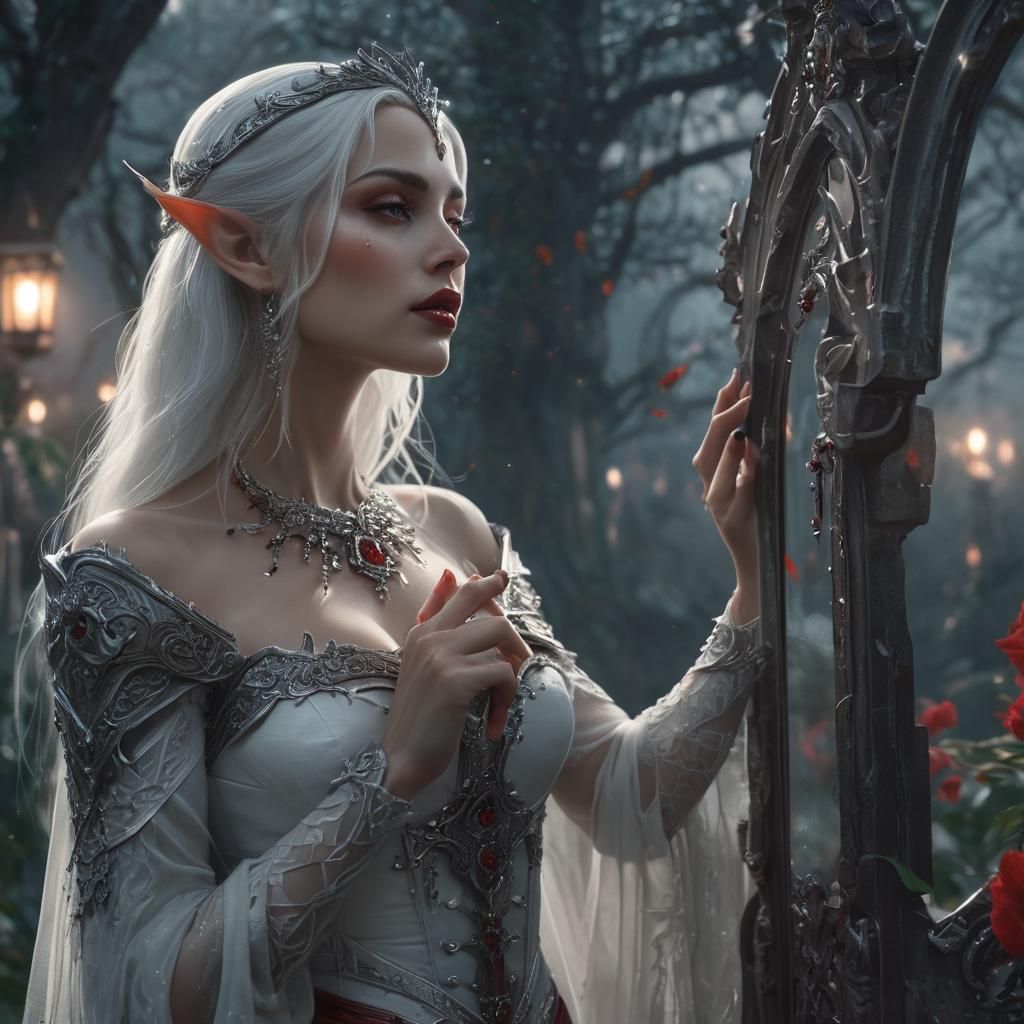 High Elf Queen in Misty Garden: Dark Fantasy Art
