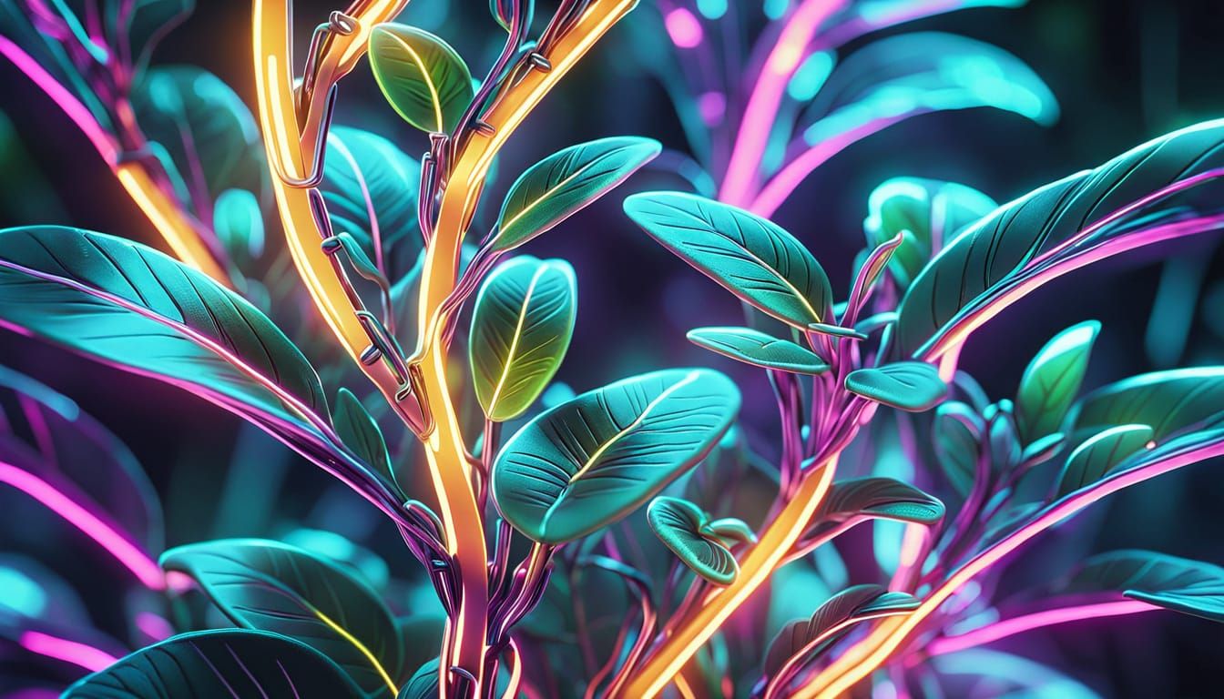 Cybernetic Plant with Glowing Neon Circuits