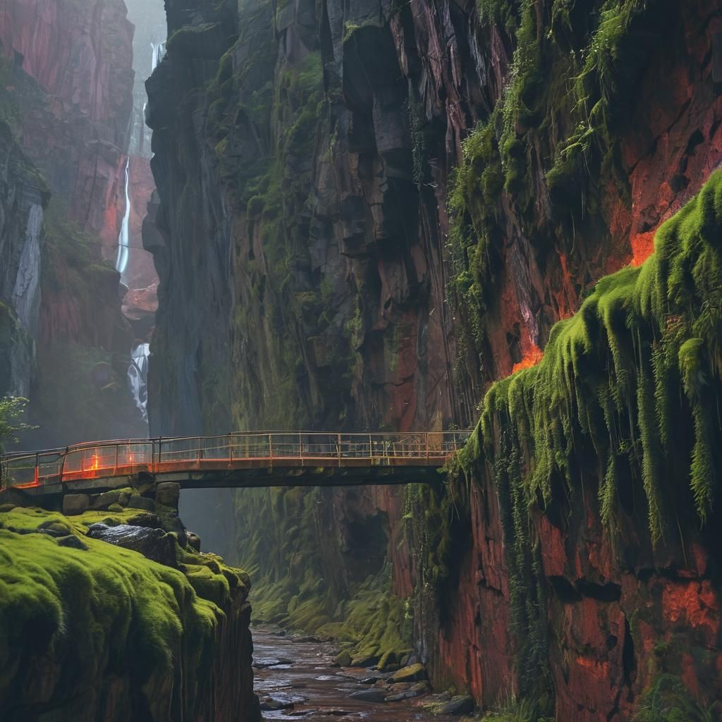 Traveler on Bridge in Glowing Chasm Graffiti Art