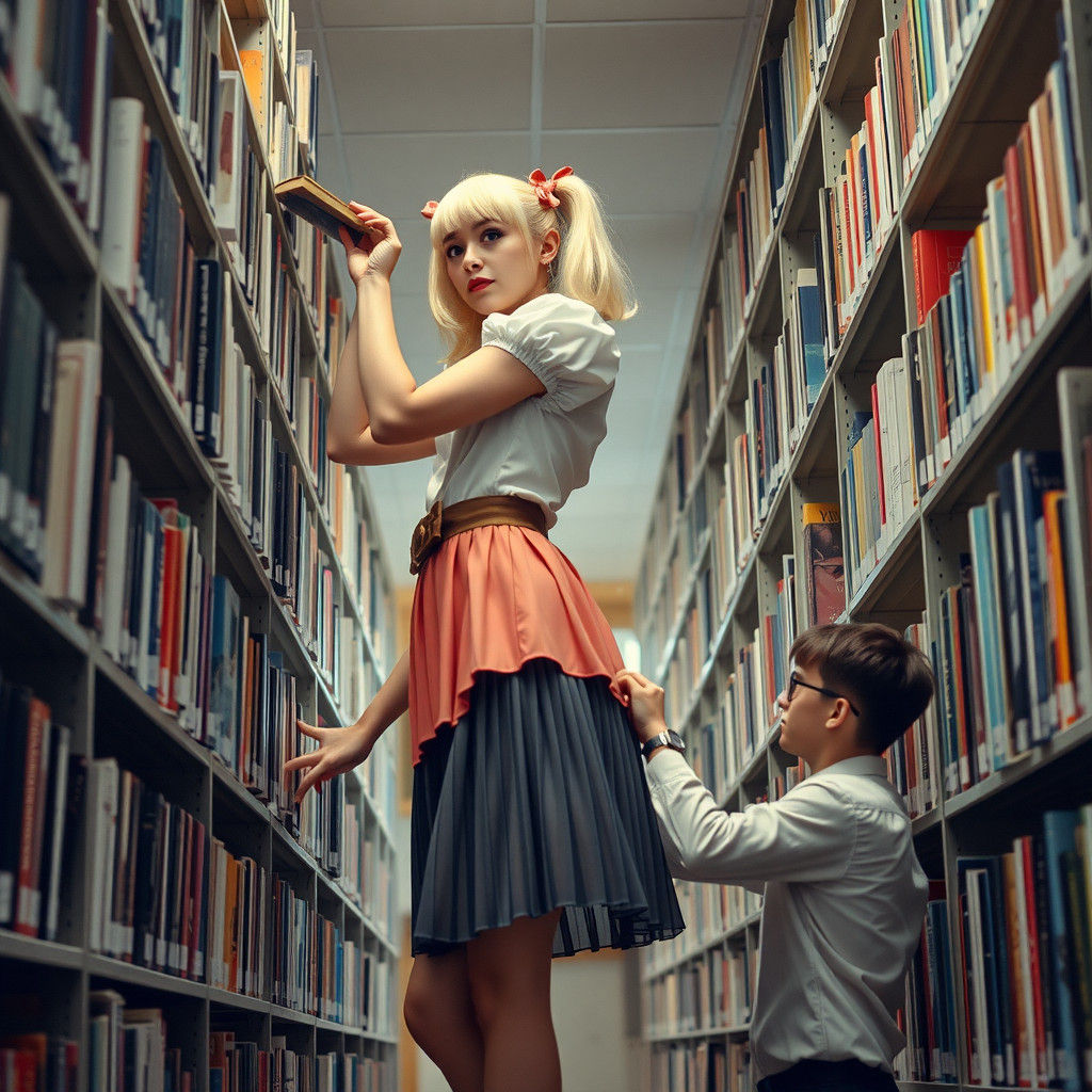 Young Man in Feminine Attire Ascends Library Ladder