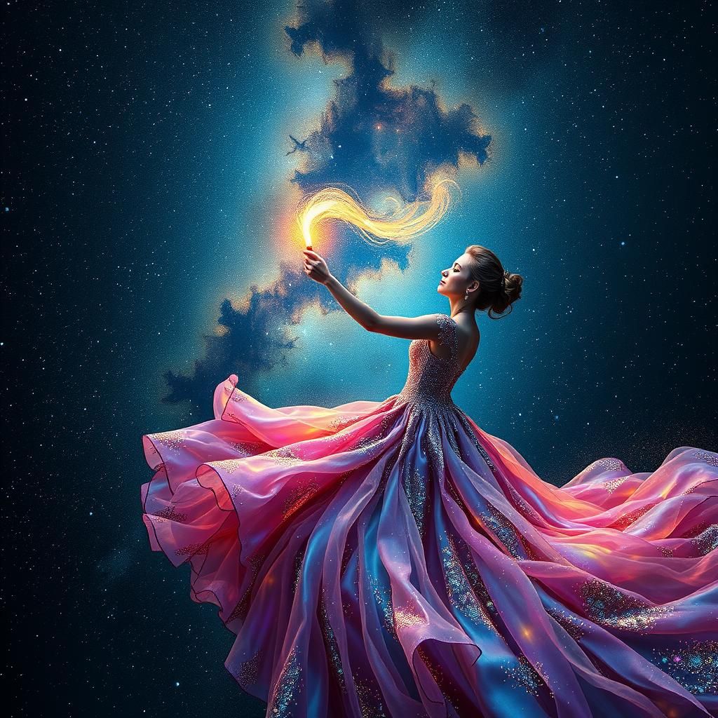 Woman Painting the Cosmos in Digital Art Style