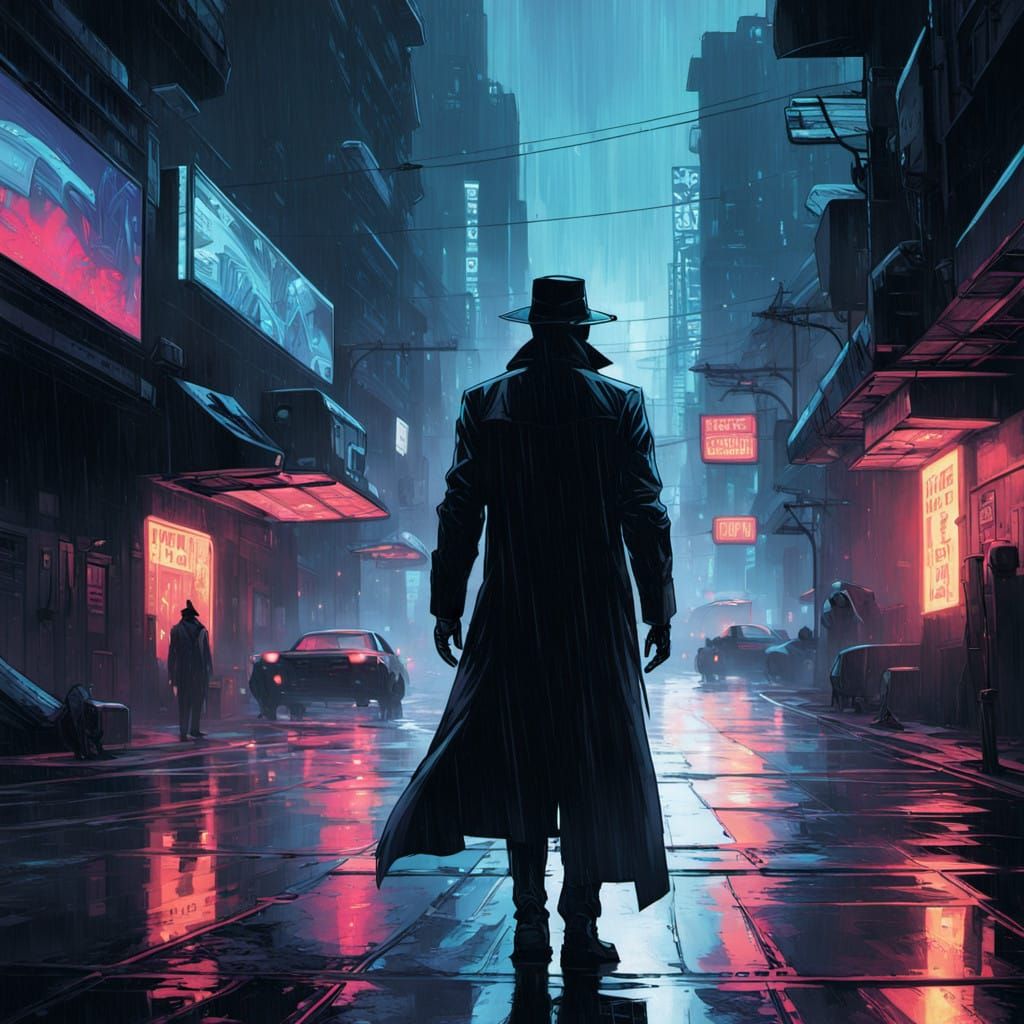 Cyberpunk Detective Stands Resolutely in the Rainy City