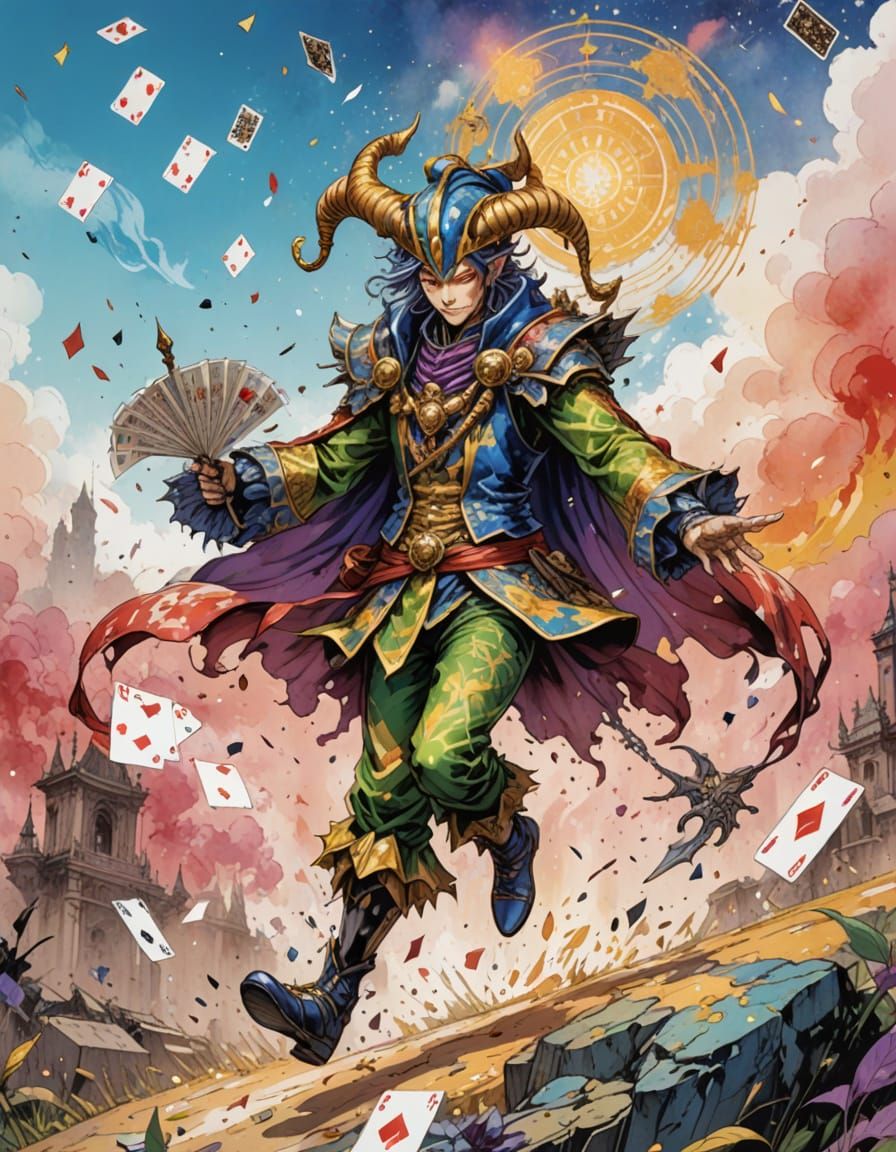 Fantasy Jester Prances Amidst Chaos, a Watercolor Painting
