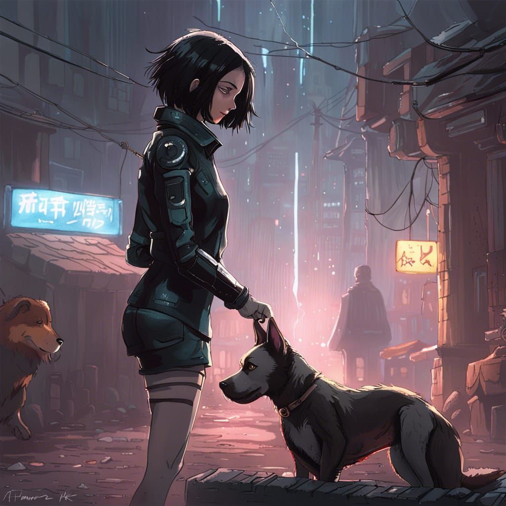Alita Petting a Dog in Anime Style