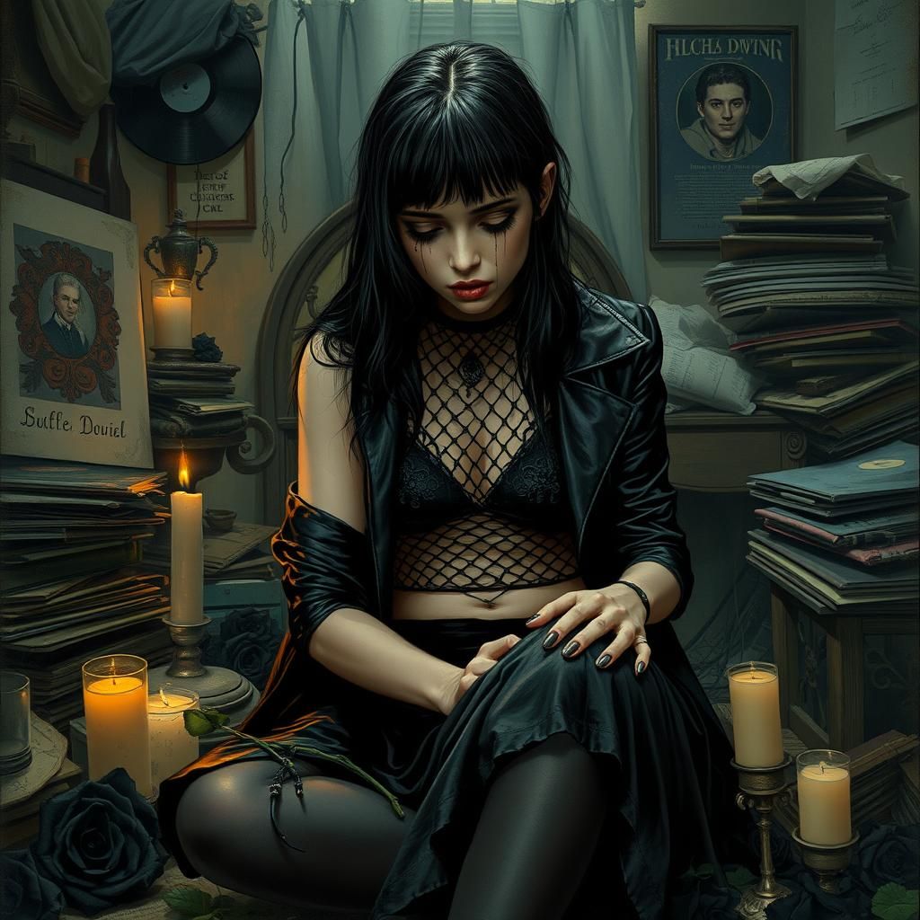 Melancholic Goth Woman in Dim Bedroom, Gothic Illustration