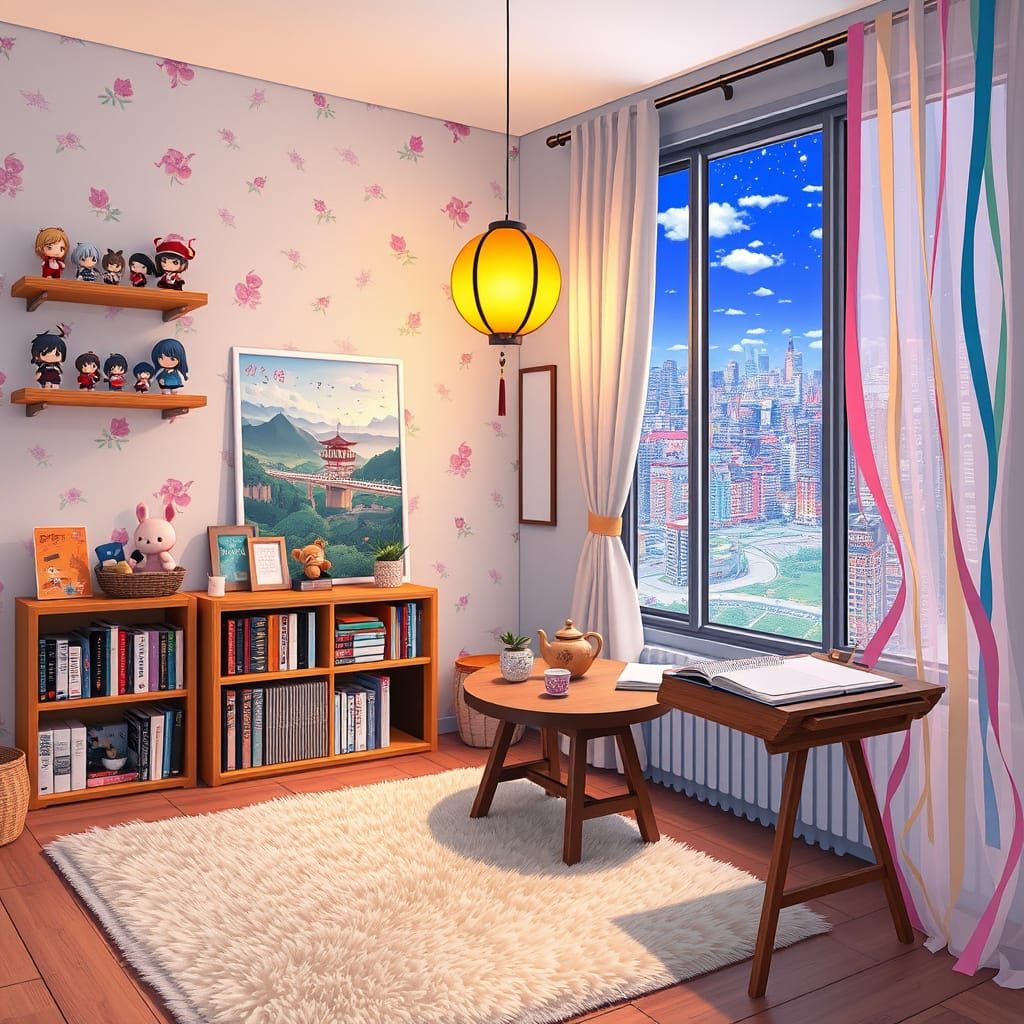 Whimsical Anime-Inspired Room with Pastel Hues and Chibi Del...