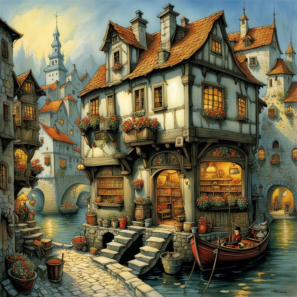 Charming Village Scene in Whimsical Style
