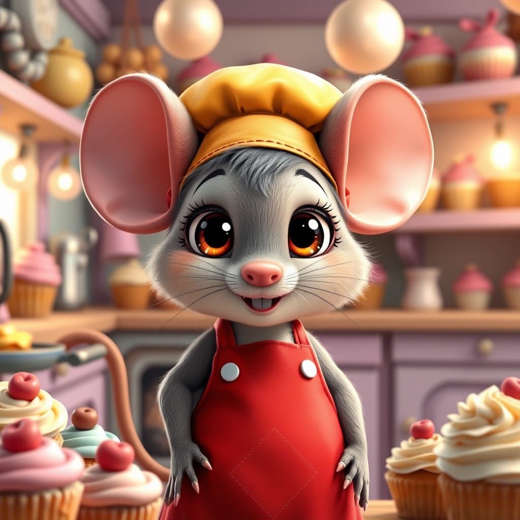 Adorable Mouse Baker in Cozy Kitchen, Pixar-Disney Style