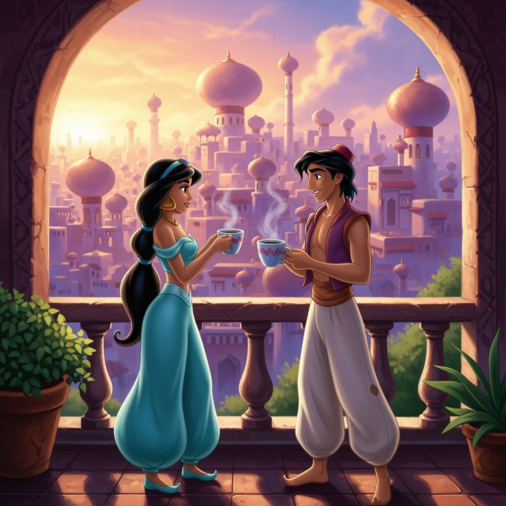 Princess Jasmine and Aladdin Enjoy Sunrise Coffee in Agrabah