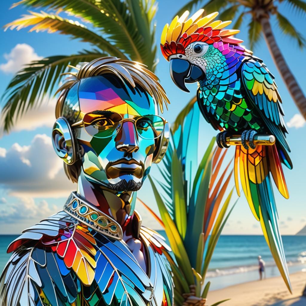 Crystal Parrot on Beach in Art Nouveau Style
