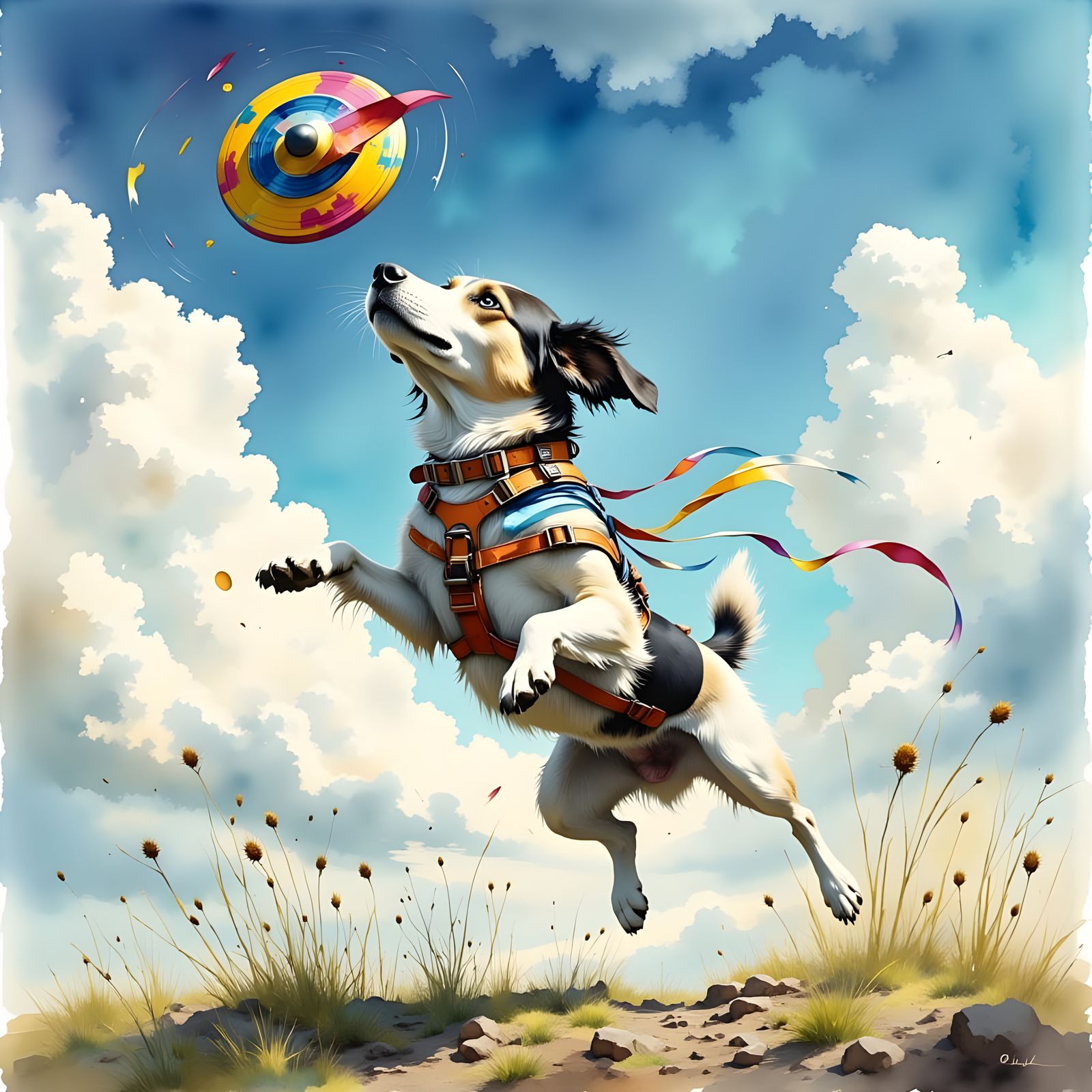 Whimsical Watercolor Canine Joy in Mid-Air