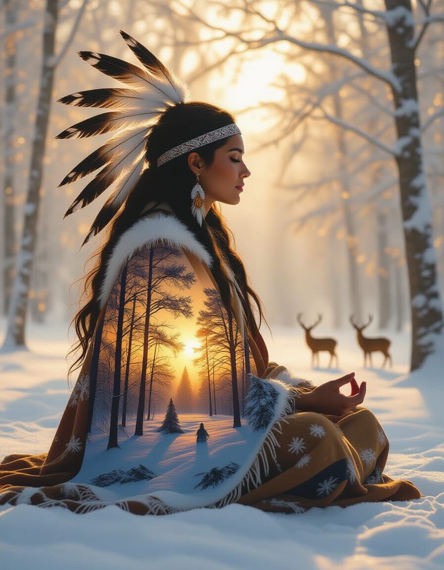 Native Spirit Guide Meditation in Snowy Forest Double Exposu...