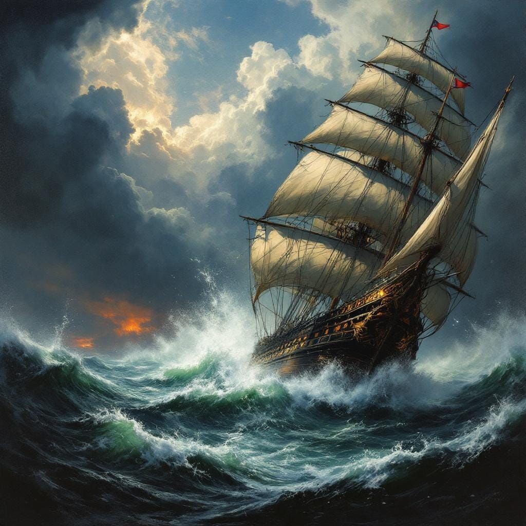 Sailing Ship Battles Stormy Seas in Romanticism Style