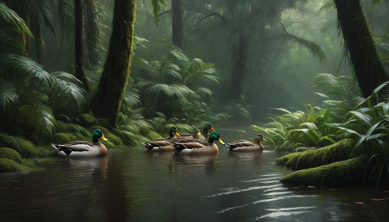 Fluffy Ducks in Rainy Rainforest Impasto Oil Painting