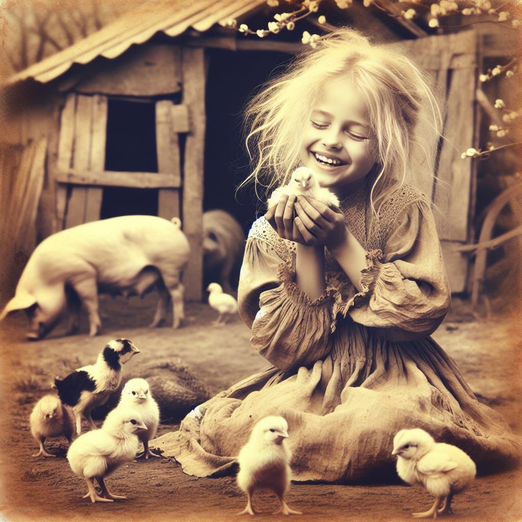 Vintage Sepia-Toned Girl Lovingly Kisses Chick Amidst Farm A...