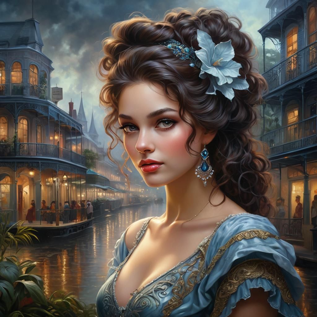 Mysterious Woman in New Orleans: Oil Painting