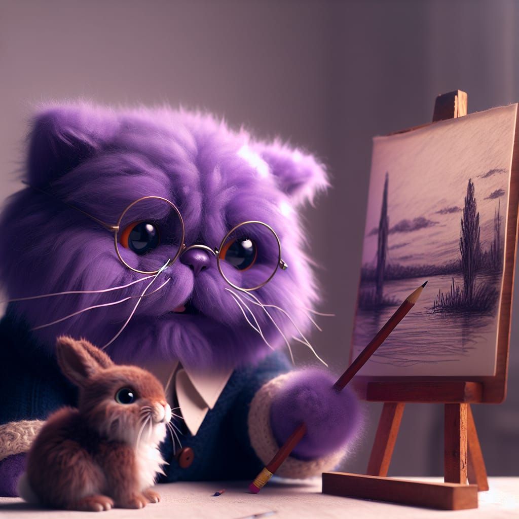 Professor Purple Fluffy Cat teaching a rabbit how to draw a picture