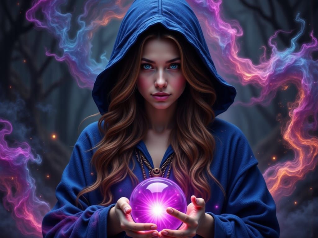 Female Wizard Casting Spell With Purple Orb