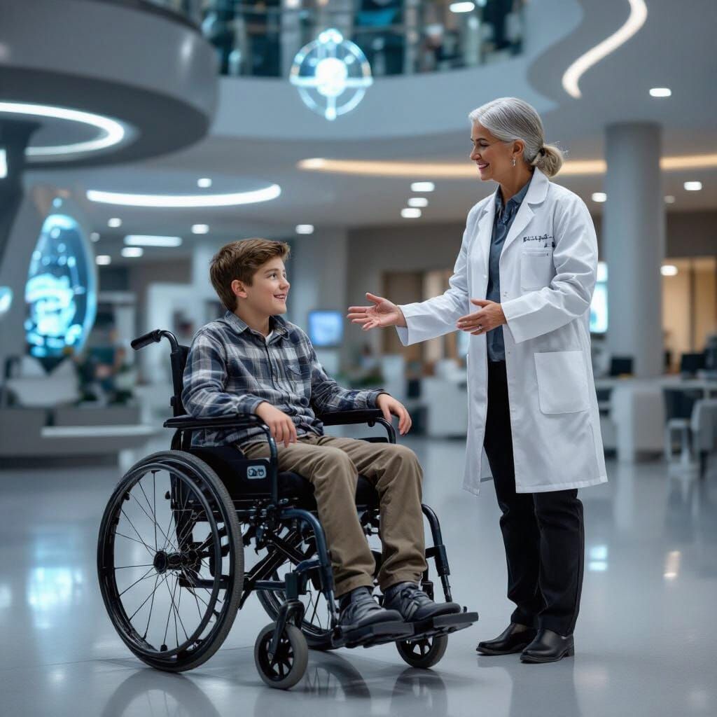 Geeky Man in Wheelchair Enters Futuristic Lab