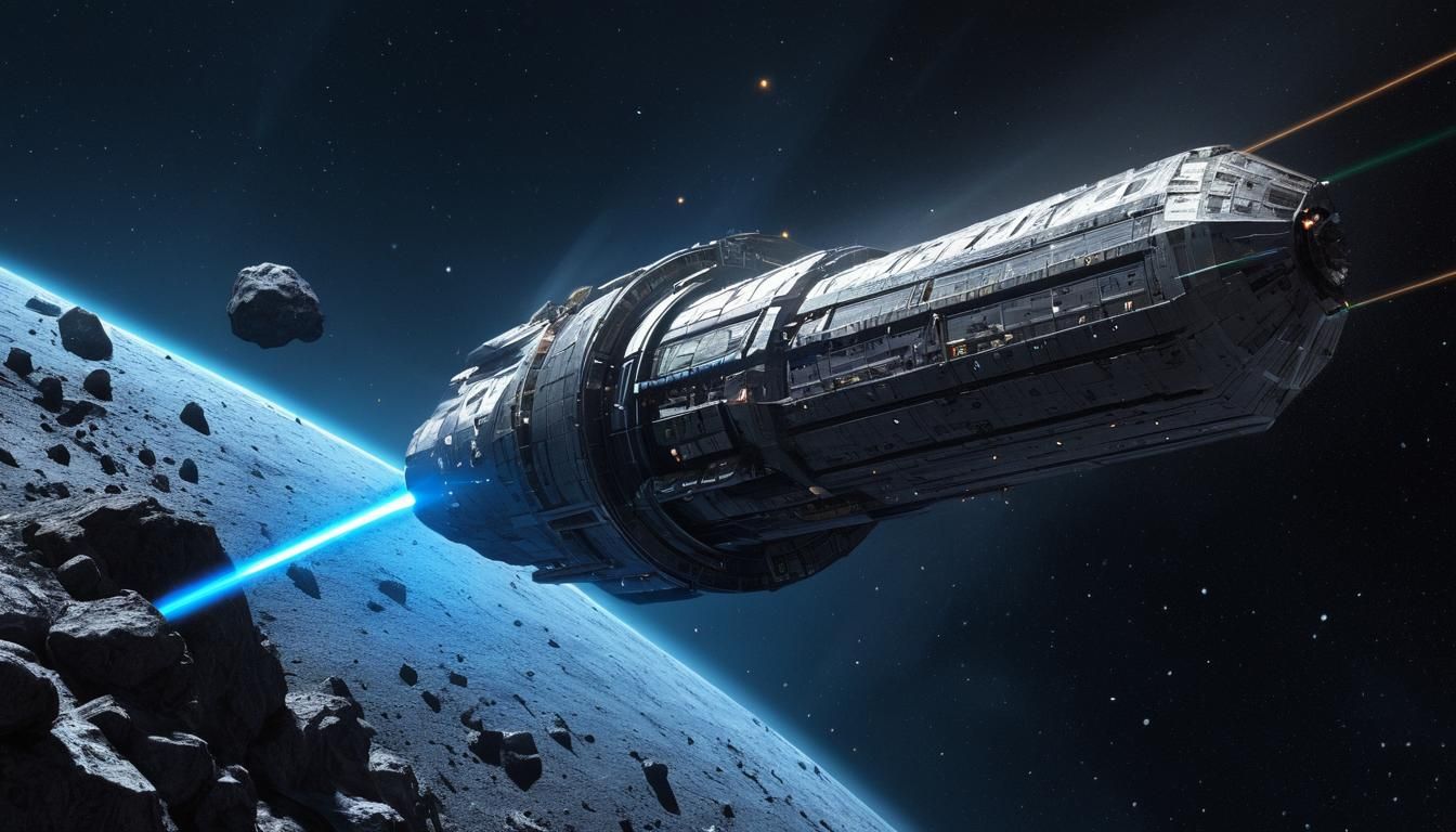 Inverted funnel shaped Spaceship for mining, in the asteroid...