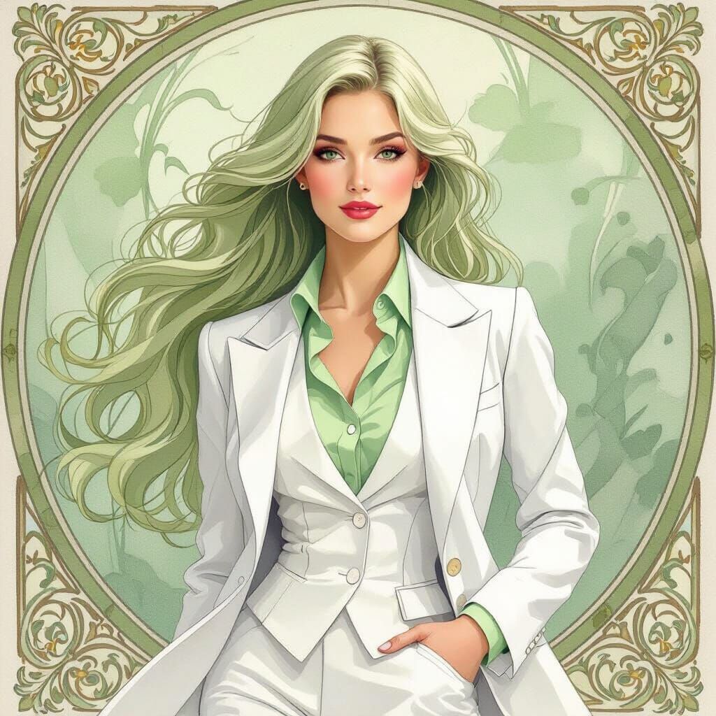 Elegant Woman with Green Hair in Aquarelle Style