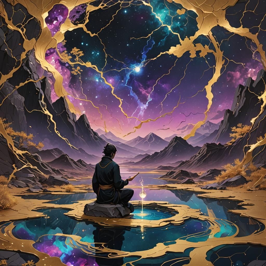 Augur Studying Stygian Pool in Mixed Media