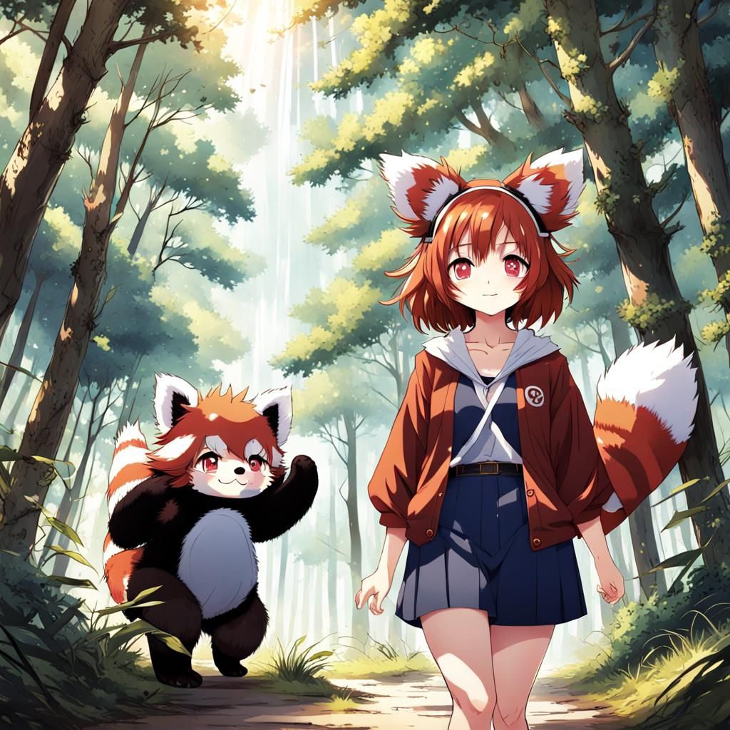 Anime Girl in Red Panda Outfit in Sunny Forest