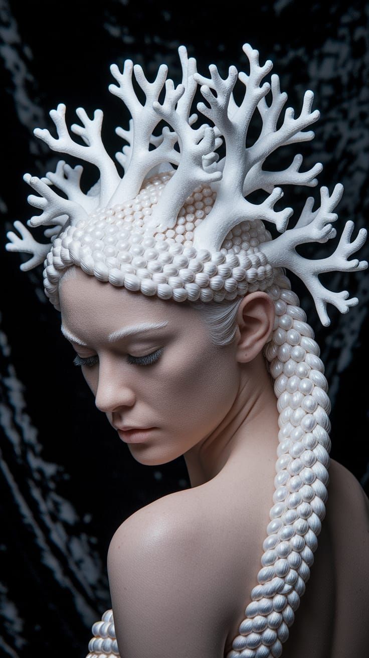 Mermaid with Braided Coral Hair in Haute Couture Style