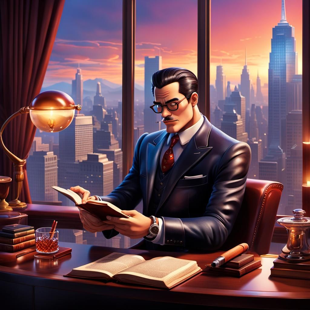 Pixar-Style Businessman Reading in Modern Office