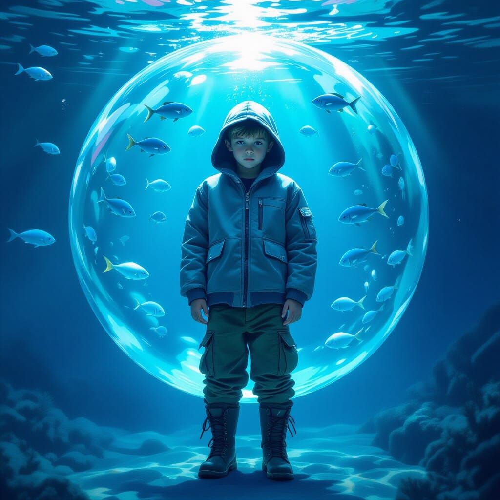 Boy Encased in Bubble Underwater with Fish