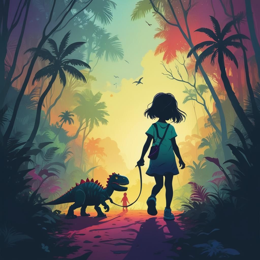 Girl Walks Dinosaur in Surreal Jungle