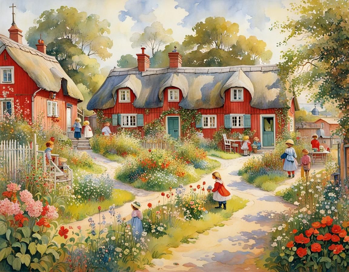 Charming Village Scene with Children Playing