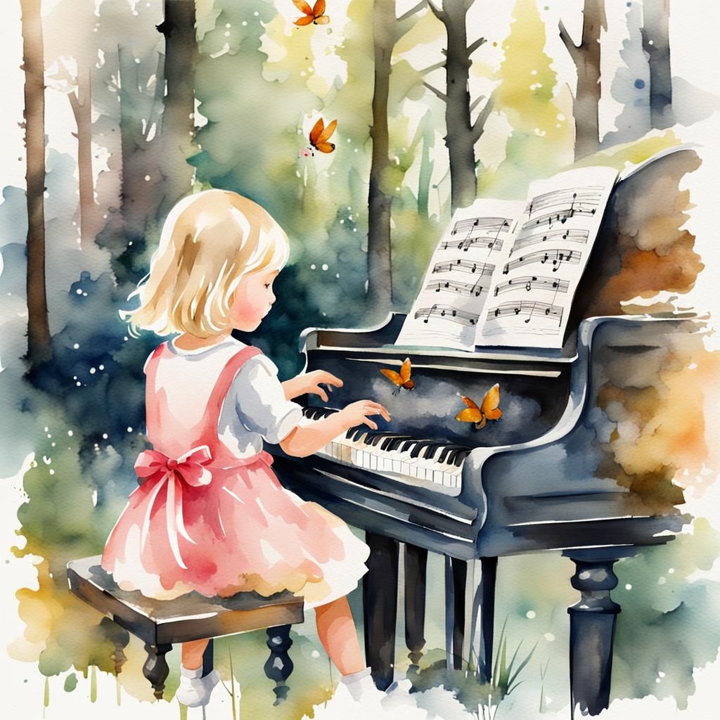 Blonde Girl Plays Piano for Rabbits, Watercolor