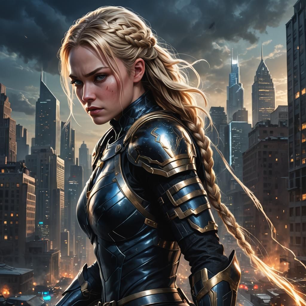 Heroic Armored Superhero in Cityscape: Digital Art