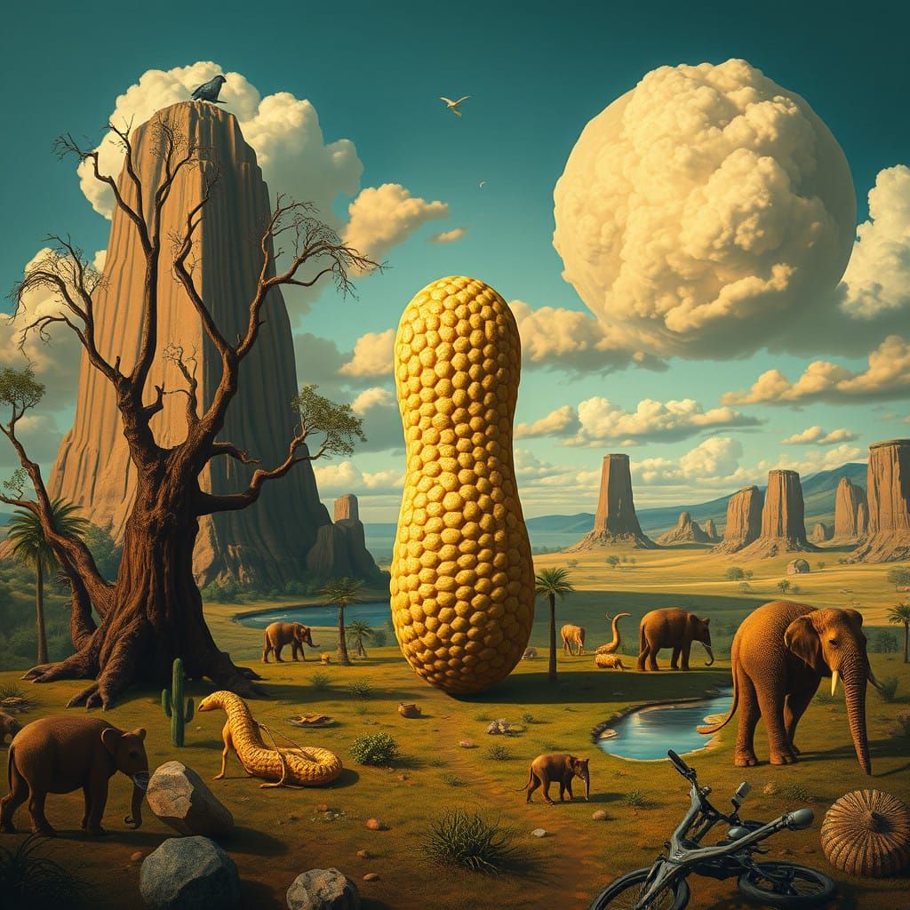 Surreal Pop Art Scene with Giant Mr. Peanut in Prehistoric L...