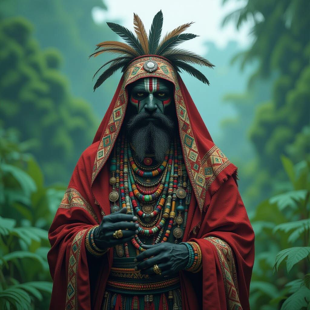 Mysterious Figure in Tribal Attire Digital Artwork