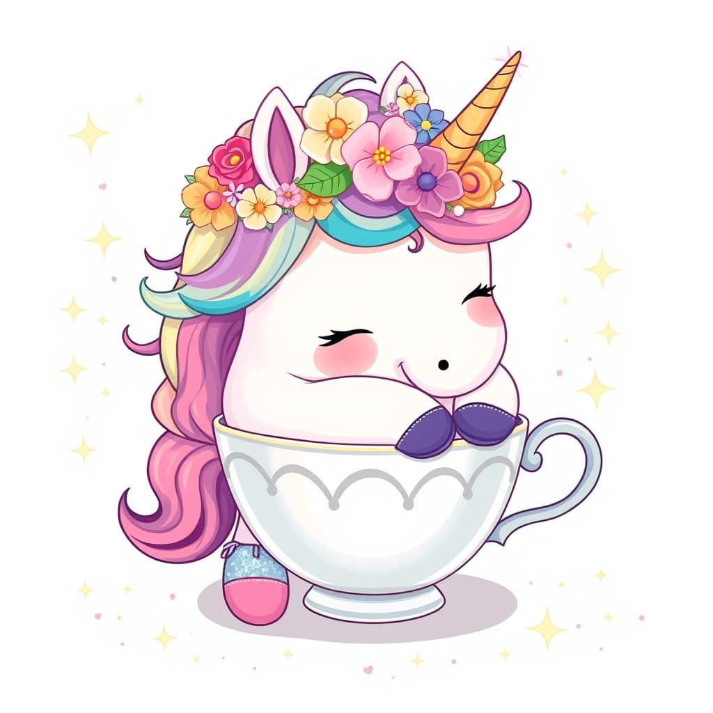 Chubby Unicorn in Teacup with Rainbow Sparkles