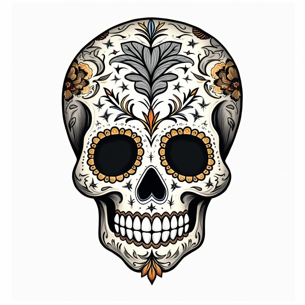 Elegant Sugar Skull Line Art Tattoo Design with Floral Patte...