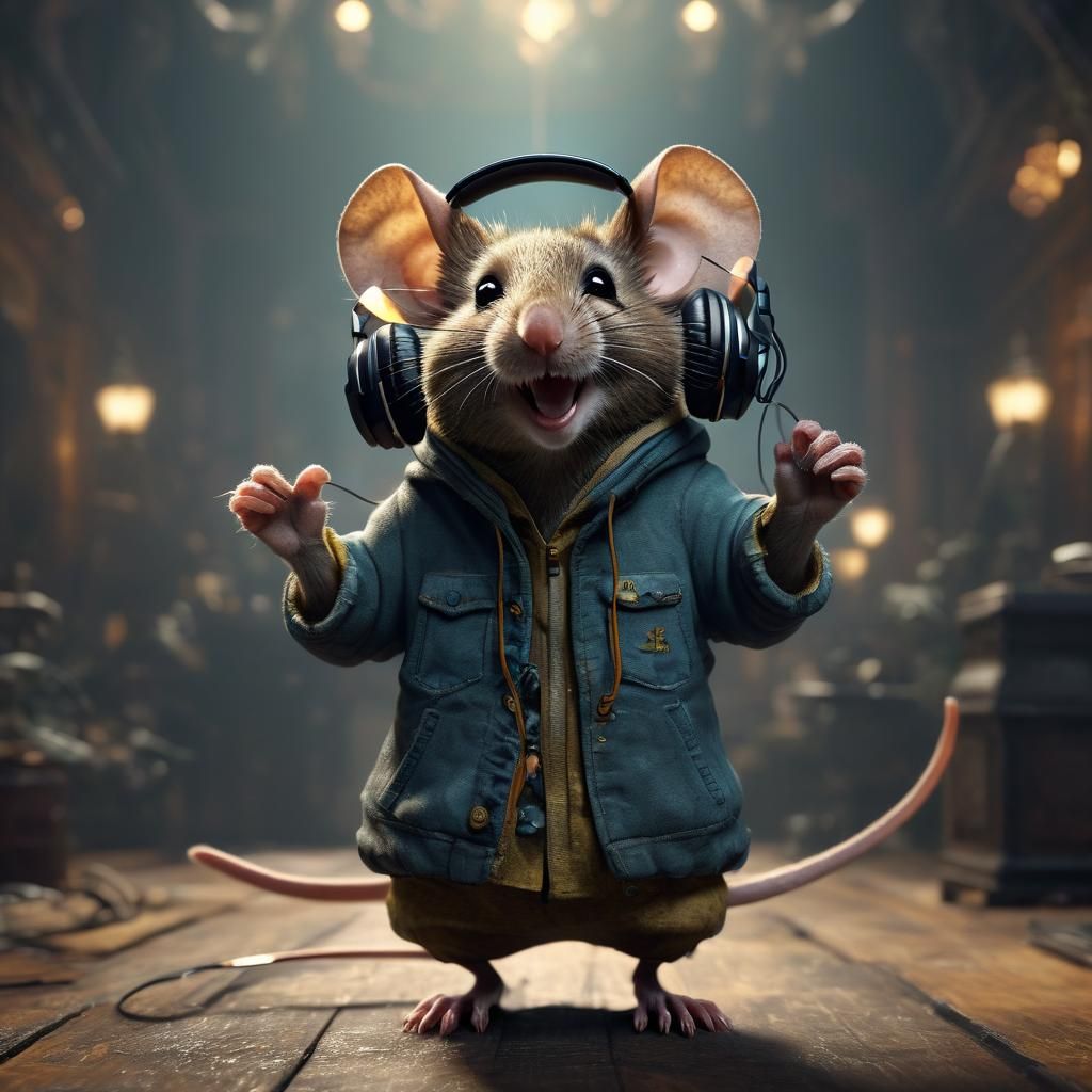 Dancing Mouse with Headphones: Detailed Fantasy Art