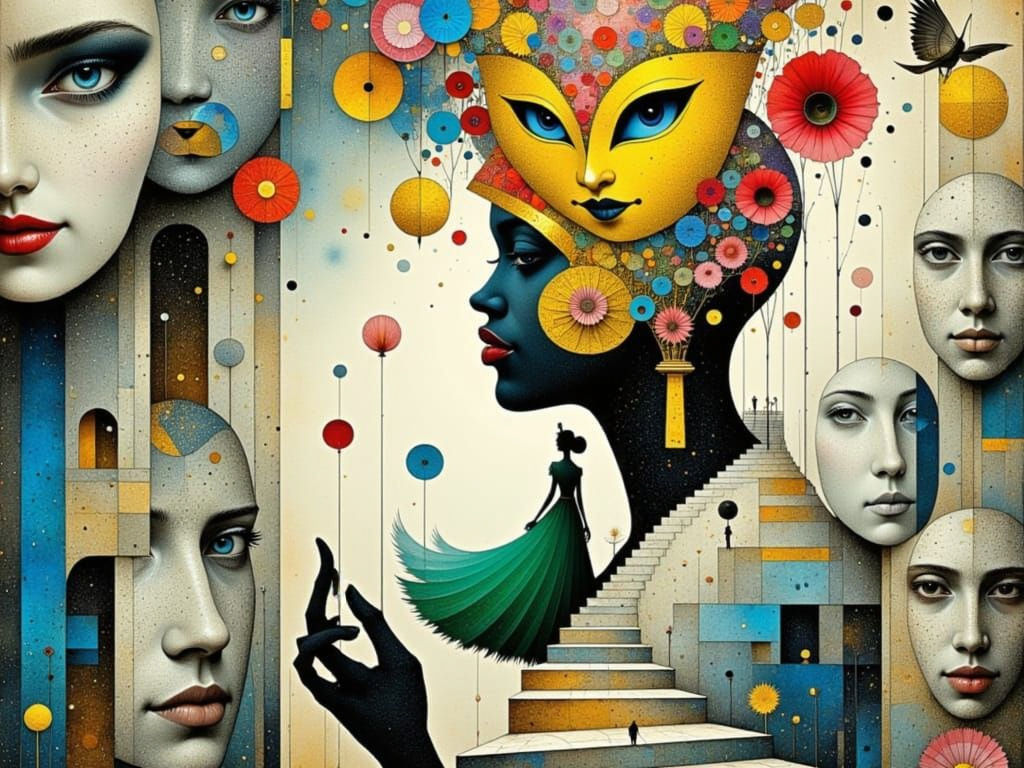 Escher-Inspired Wonderland with Poppy Flowers and Stylized A...