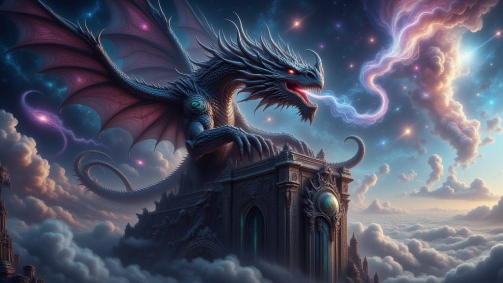 Ancient Dragon on Crumbling Monument Under Cosmic Sky