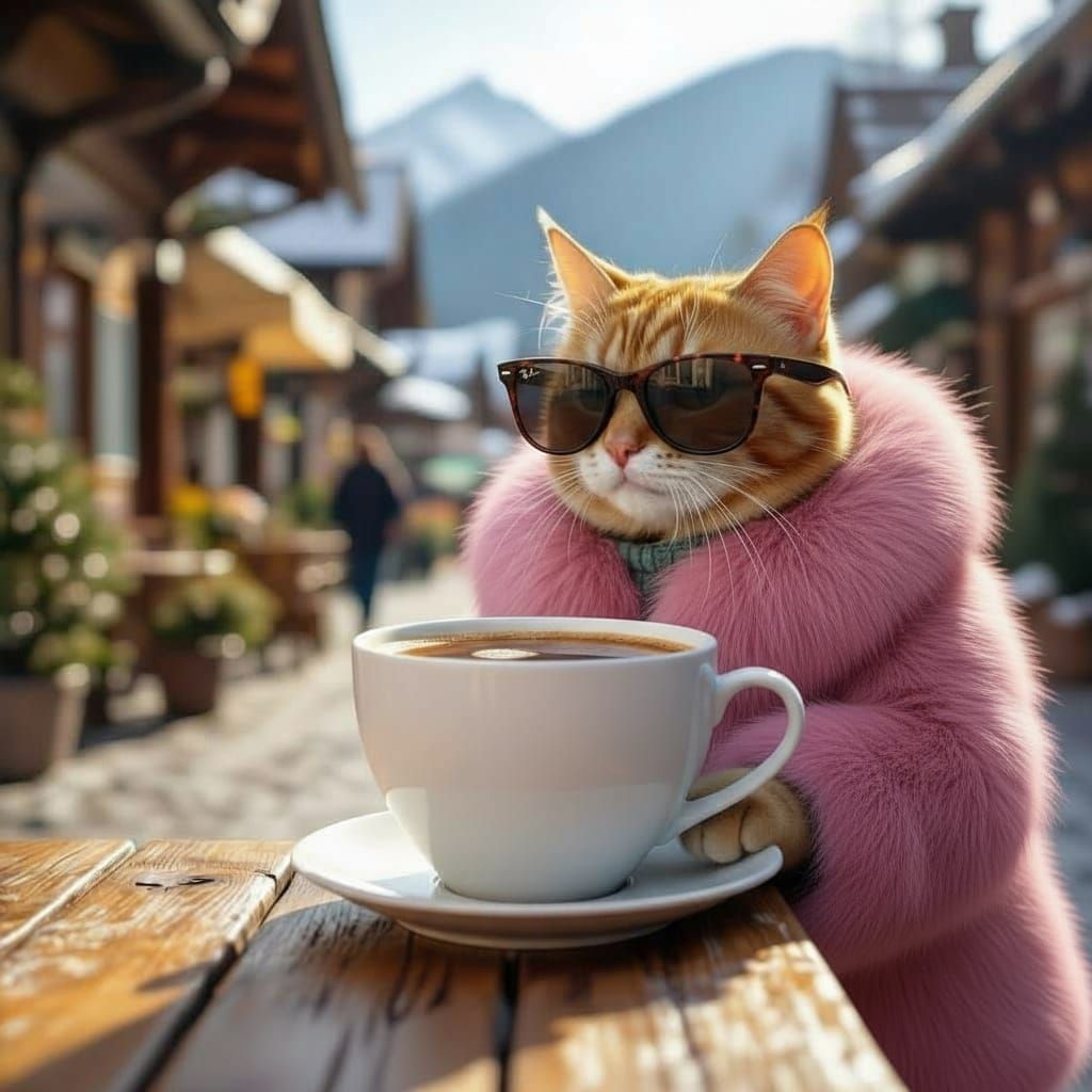 Ginger Cat in Sunglasses and Winter Coat Sits on Coffee Cup