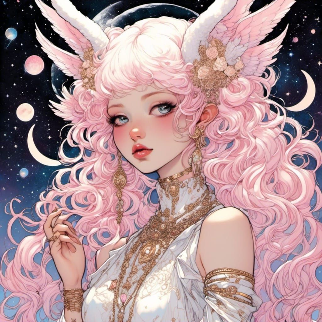 Emo Goth Goddess with Space Buns in Cosmic Sky