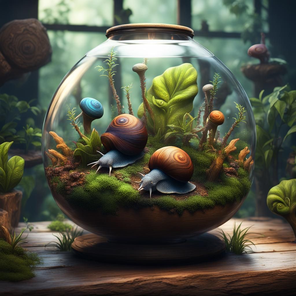 Fantastical Terrarium with Frightening Snails: Digital Art